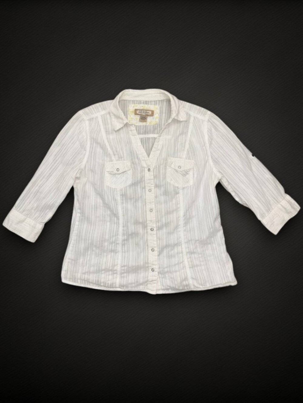 White Striped Snap Button Western Shirt 3/4 Sleeve Chest Pockets Womens XL